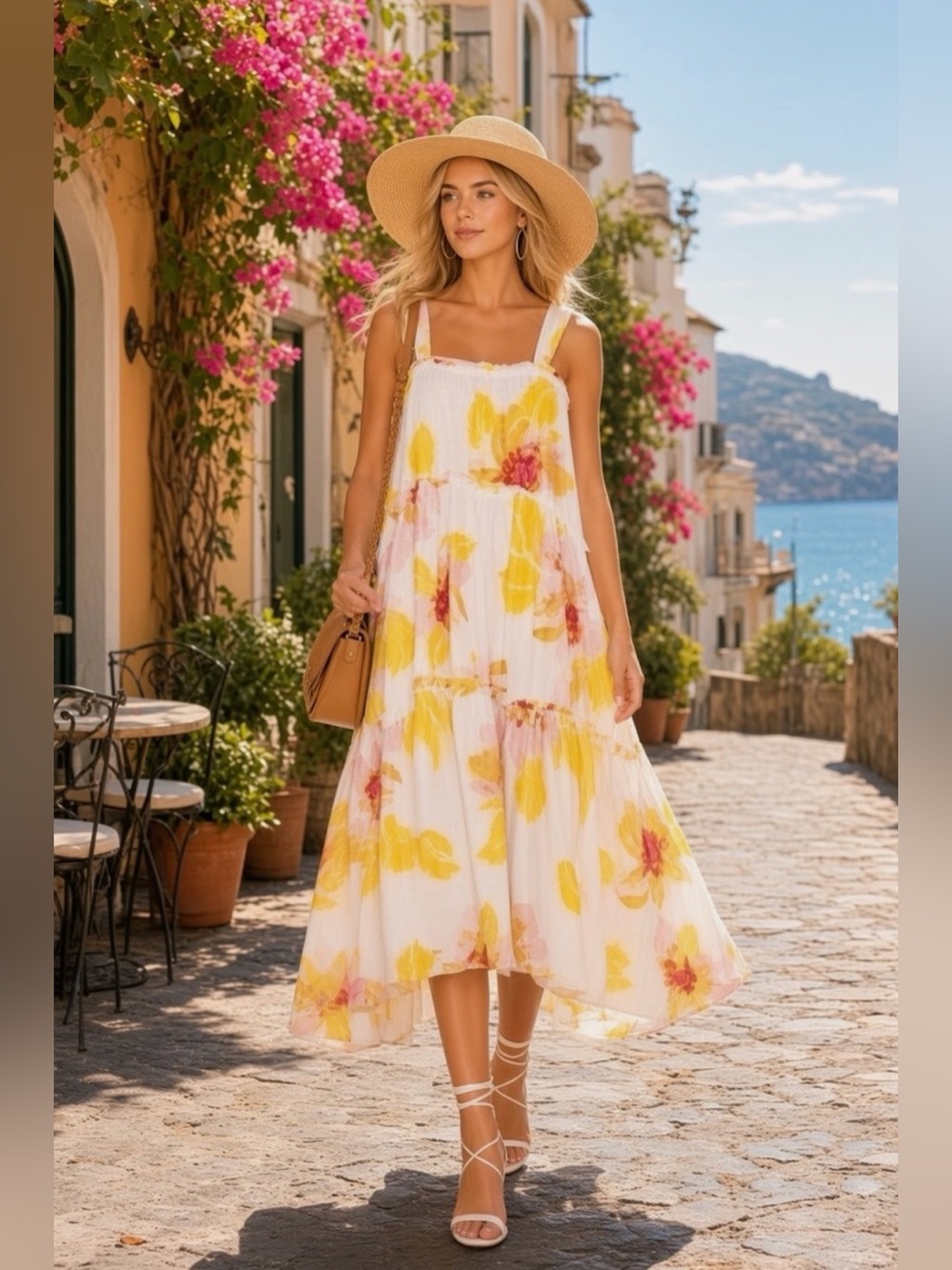 🤍💐EUC Free People “Moonshine Midi Dress” White🤍Pink💗Yellow💛Floral💐Sz Medium